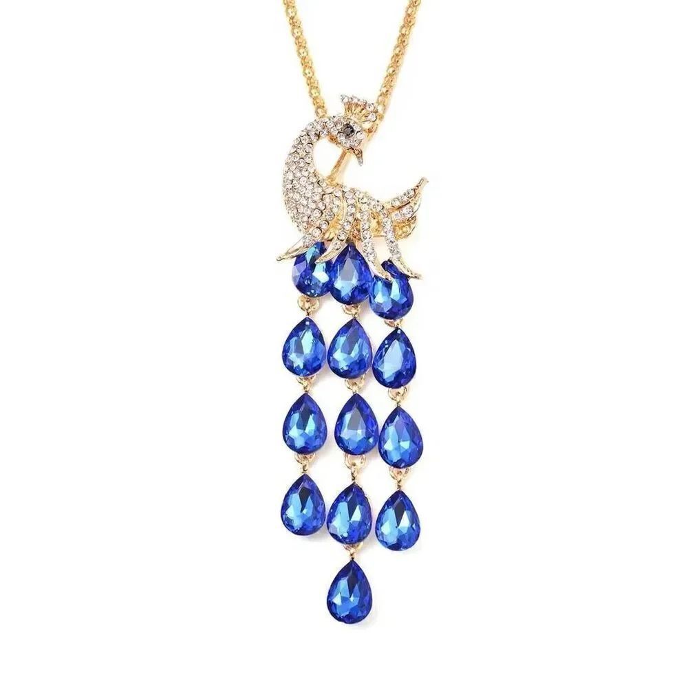 Peacock Blue Glass Black and White Austrian Crystal Fashion Necklace 31” New